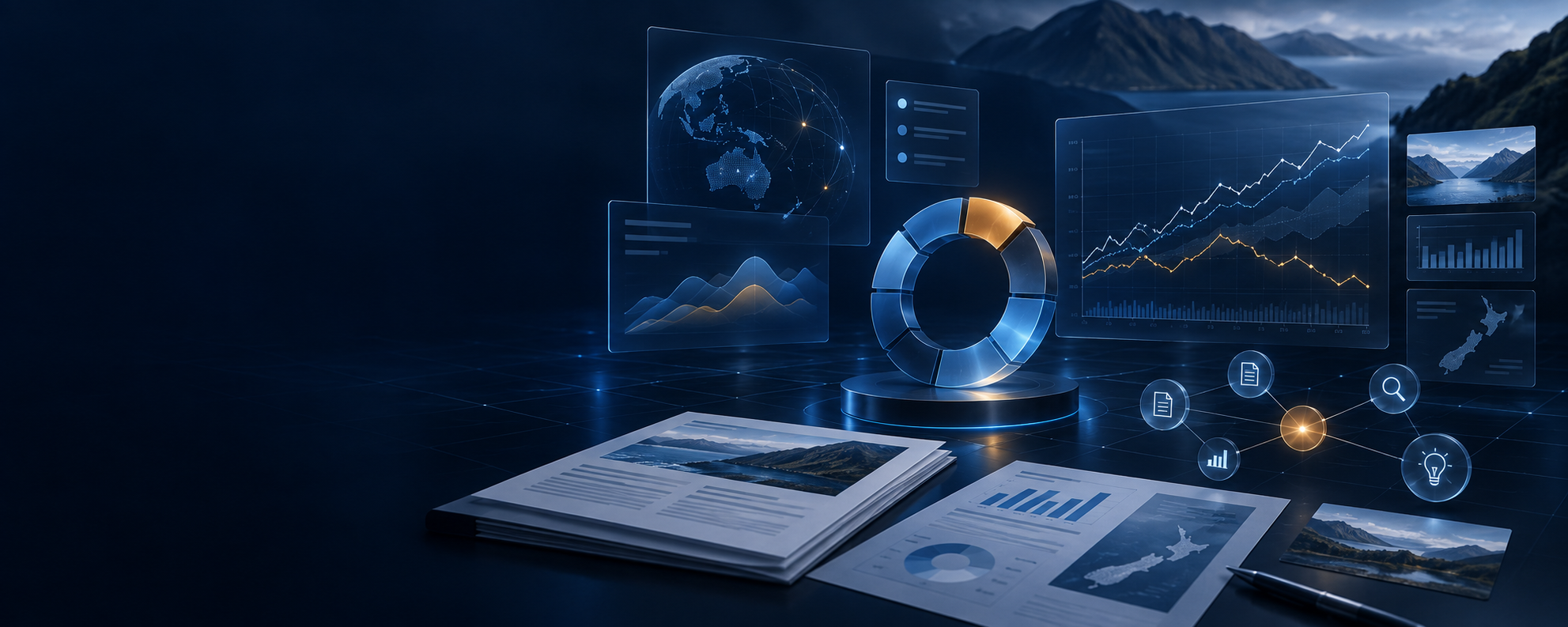 Abstract market research dashboard with charts and scenario signals